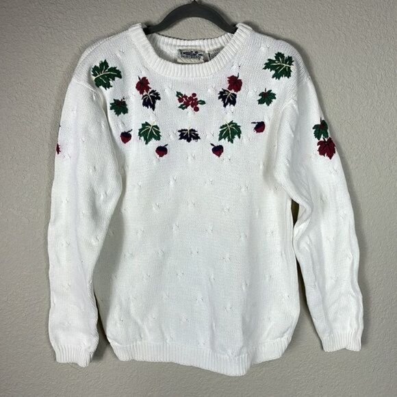 Northern Reflections Knit Ivory White Harvest Fall Leaves Sweater Crewneck Sz S - Picture 1 of 11